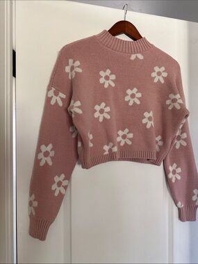 Hollister Pink Cropped Floral Crewneck Sweater